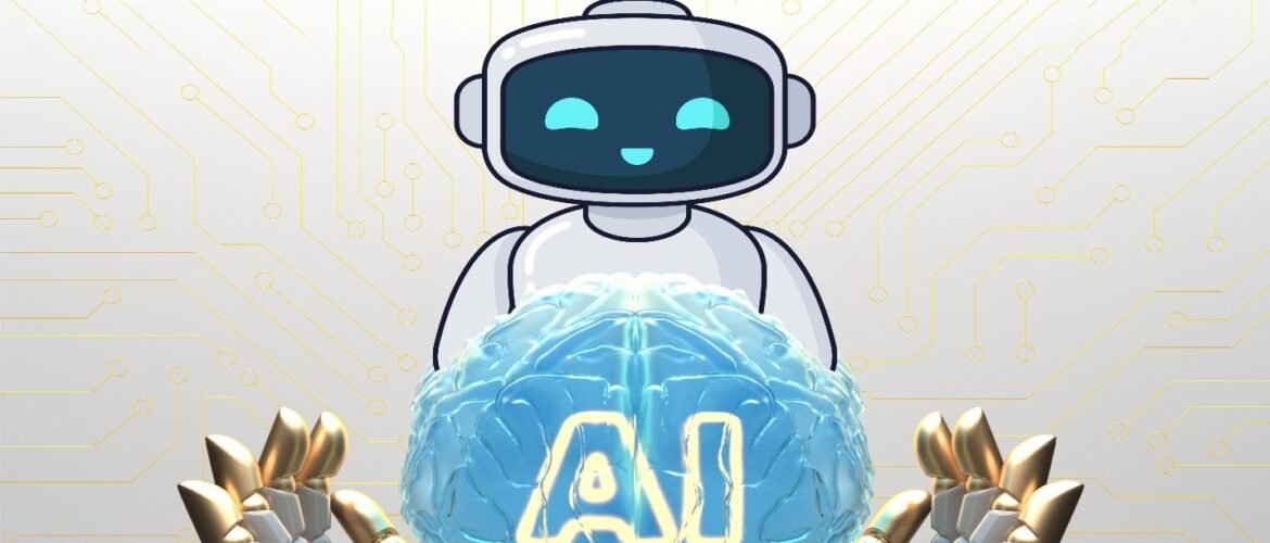 “Glowing AI brain surrounded by holographic symbols for health, education, and sustainability”